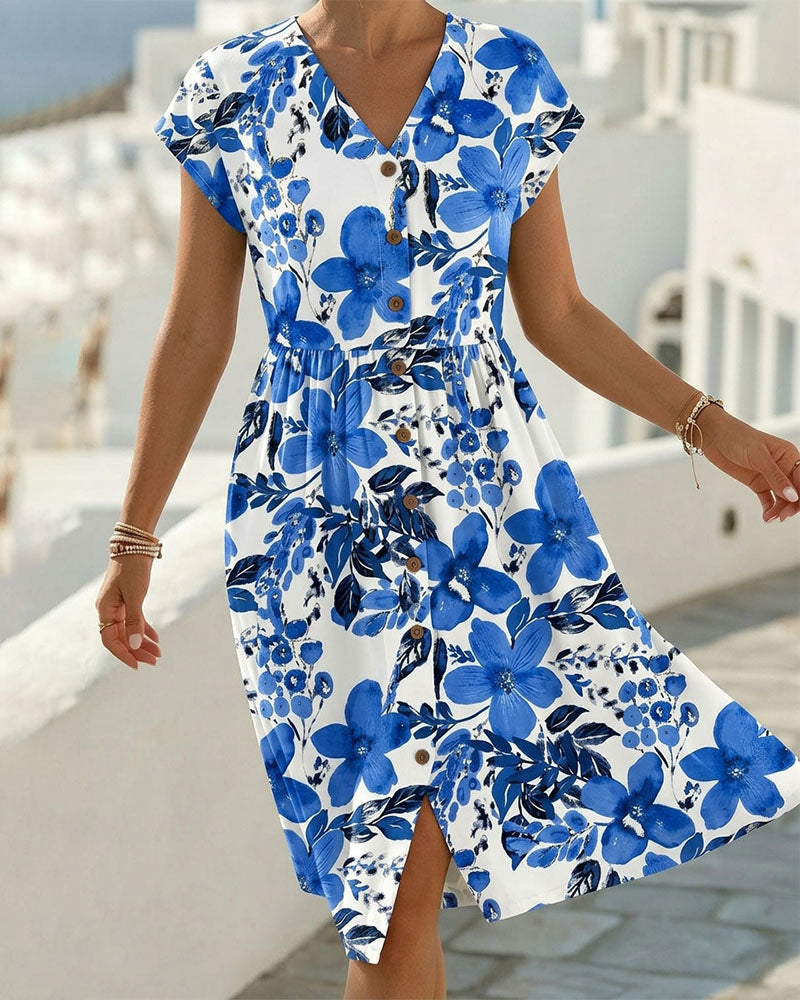 Floral Print V-Neck Short Sleeve Dress