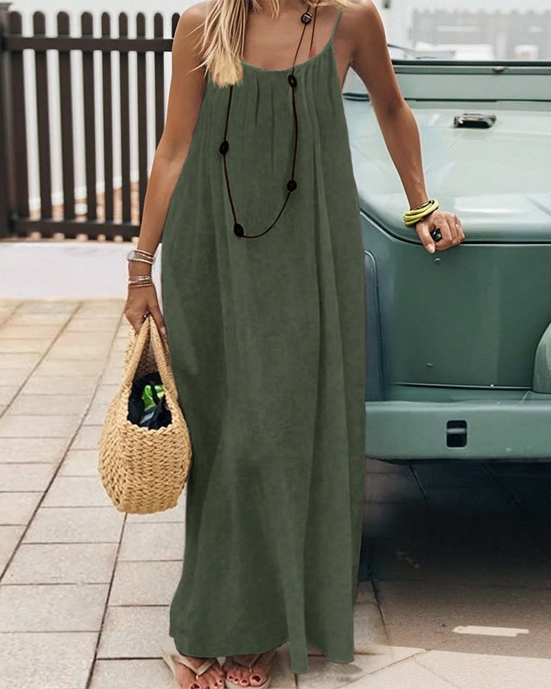 Solid Color Pleated Backless Spaghetti Strap Maxi Dress