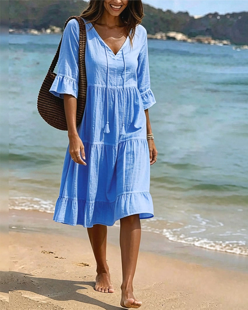 Flared Dress with Half Sleeves and Waist Tie