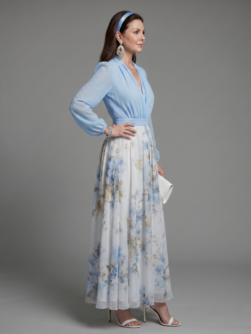 V-Neck Sheer Bodice Floral Maxi Dress