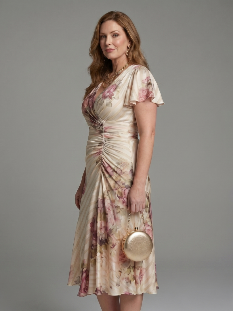 Flutter Sleeve Floral Stripe Wrap Midi Dress