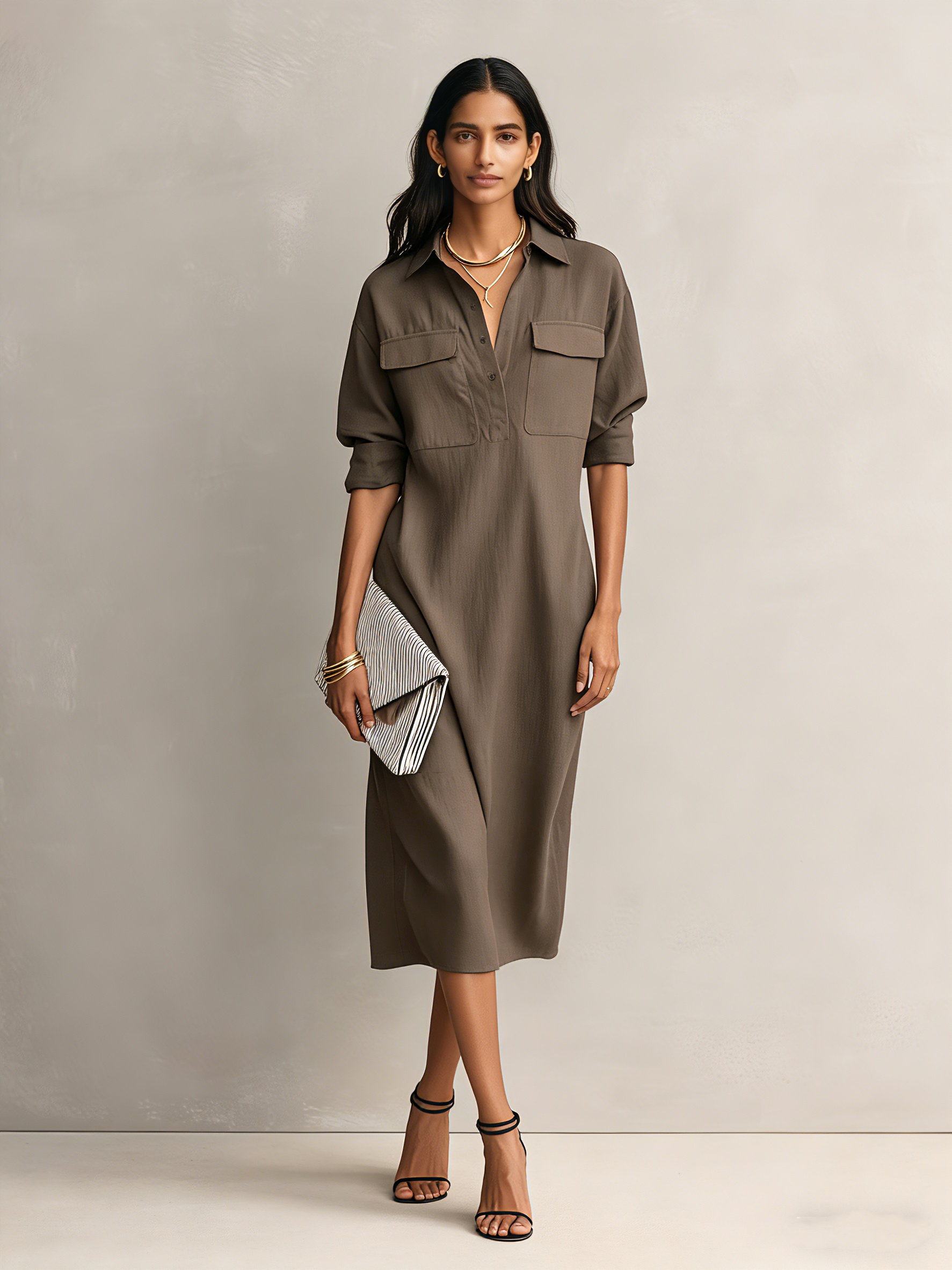 Leah | Cotton-Linen Shirt-Collar Midi Dress
