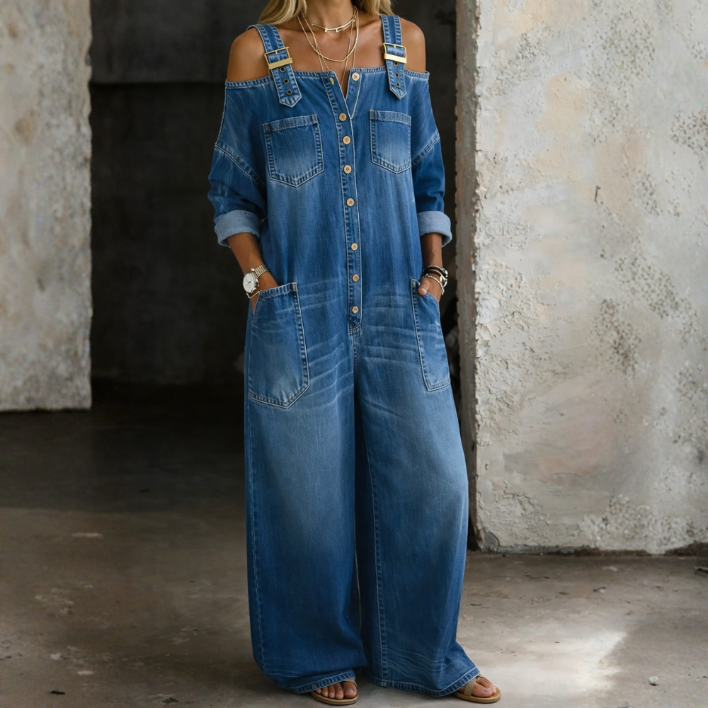 COSTANZA | DENIM JUMPSUIT WITH EXPOSED SHOULDERS