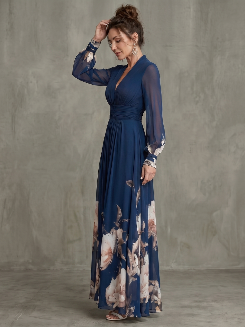 Pleated Sheer-Sleeve Maxi Dress
