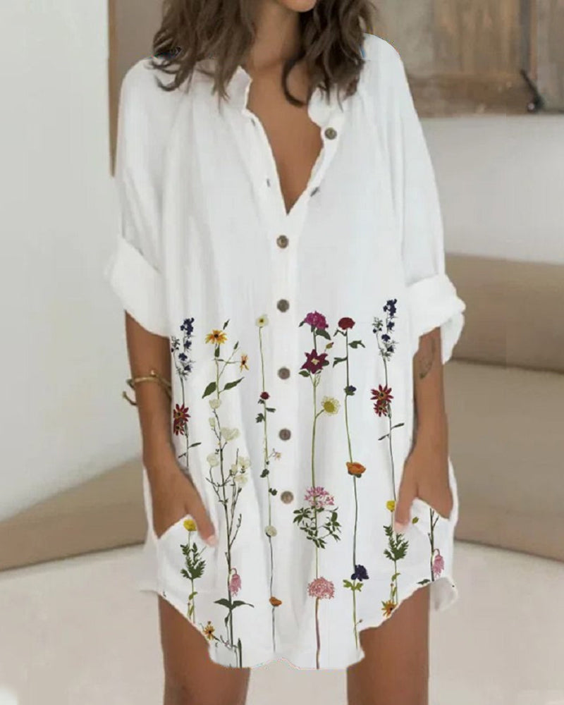Buttoned Long Sleeve Dress with Pocket