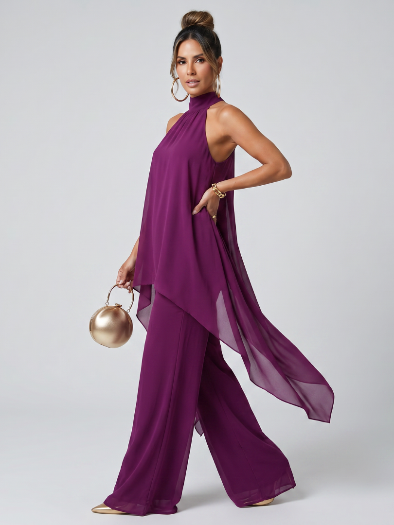 Asymmetric Halter Tunic and Wide-Leg Pants Set