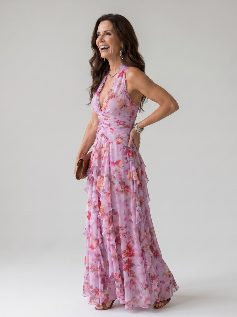 Floral Halter Ruched Bodice Maxi Dress