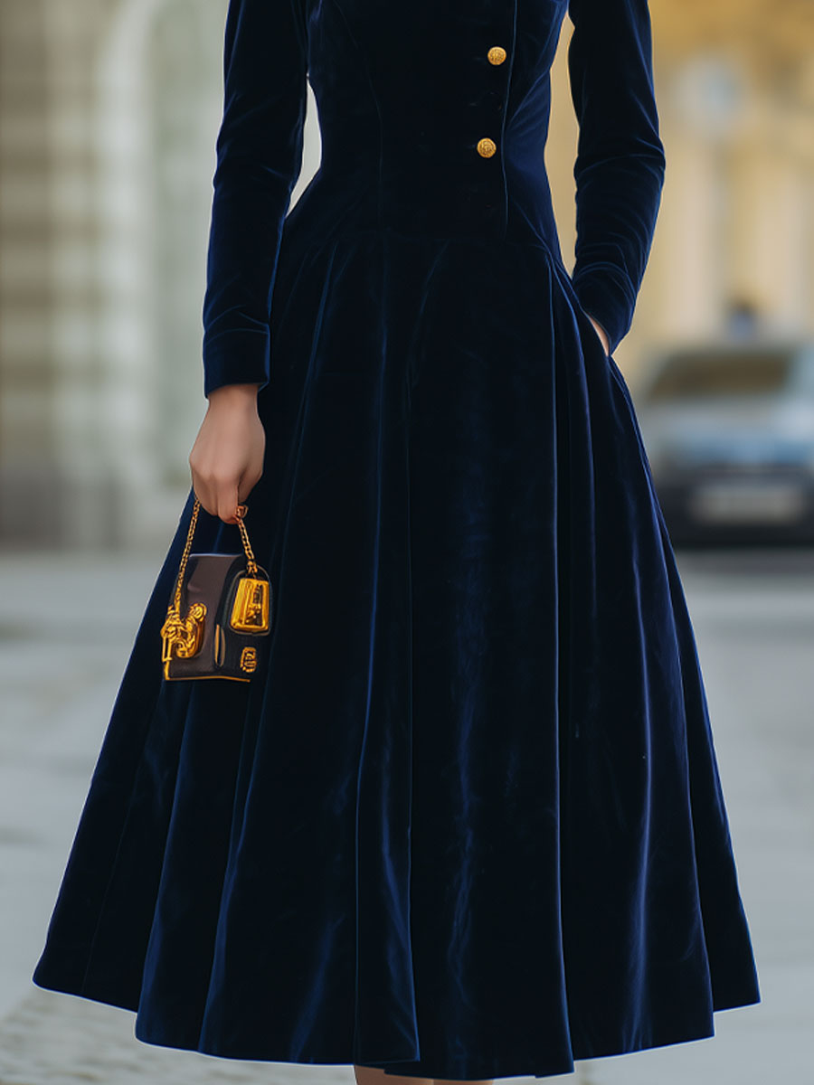 Velvet A-Line Dress with Gold Buttons