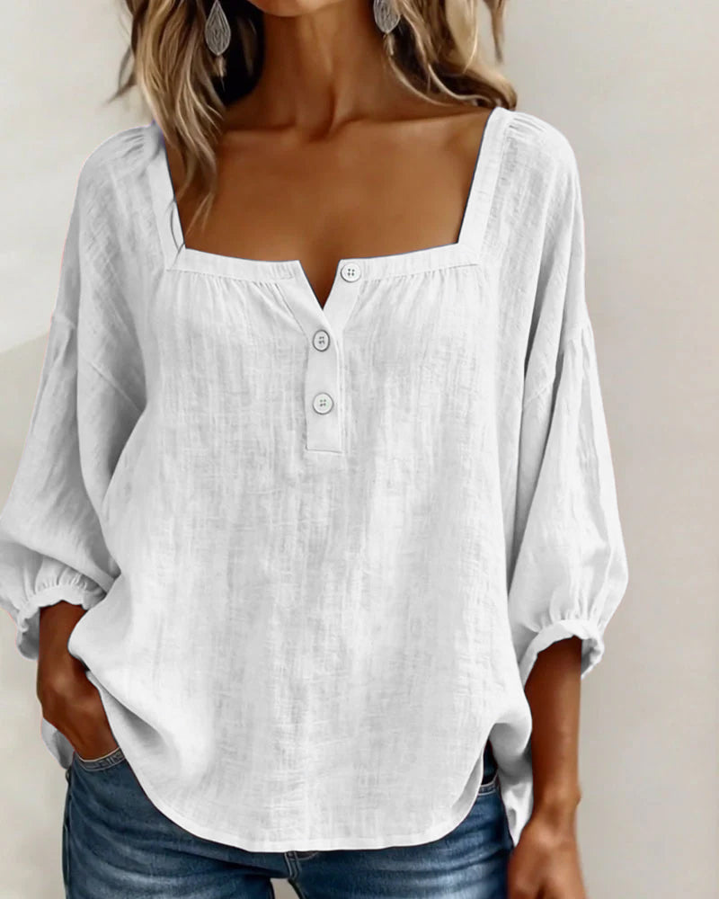 Harper | Cotton-Linen Square Collar Blouse
