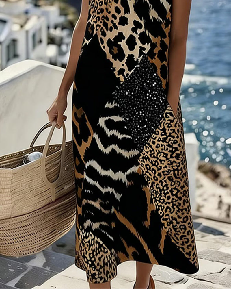 Marisol | Sleeveless Midi Dress - Leopard Patchwork
