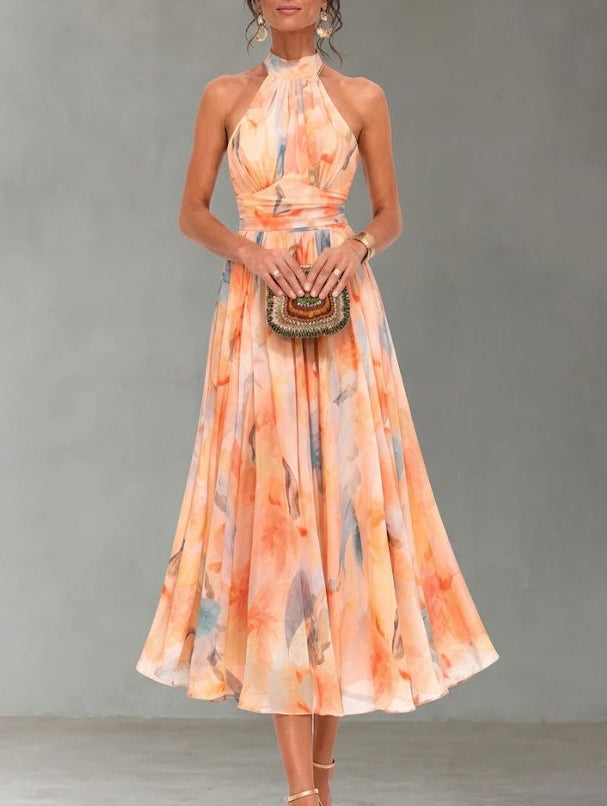 Aurora | Dress with American neckline and watercolor print