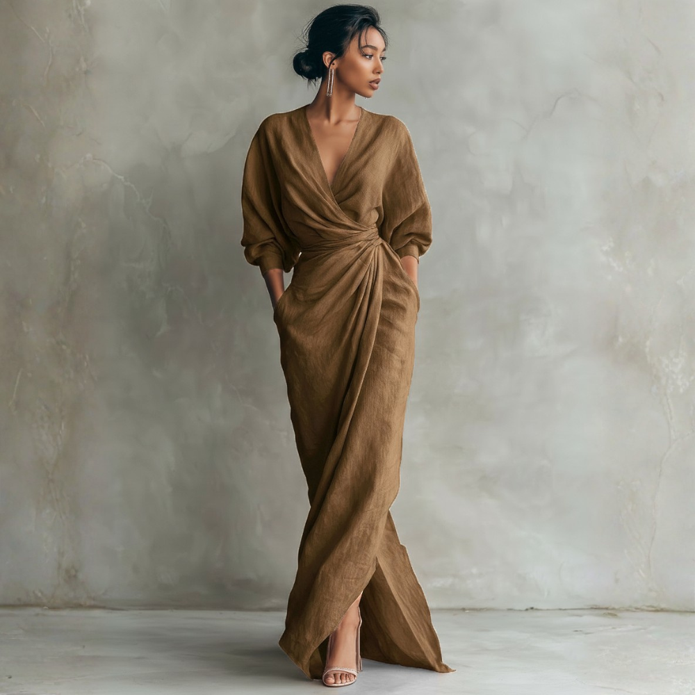 SIMONA | MAXI DRESS IN LINEN WITH V-NECK