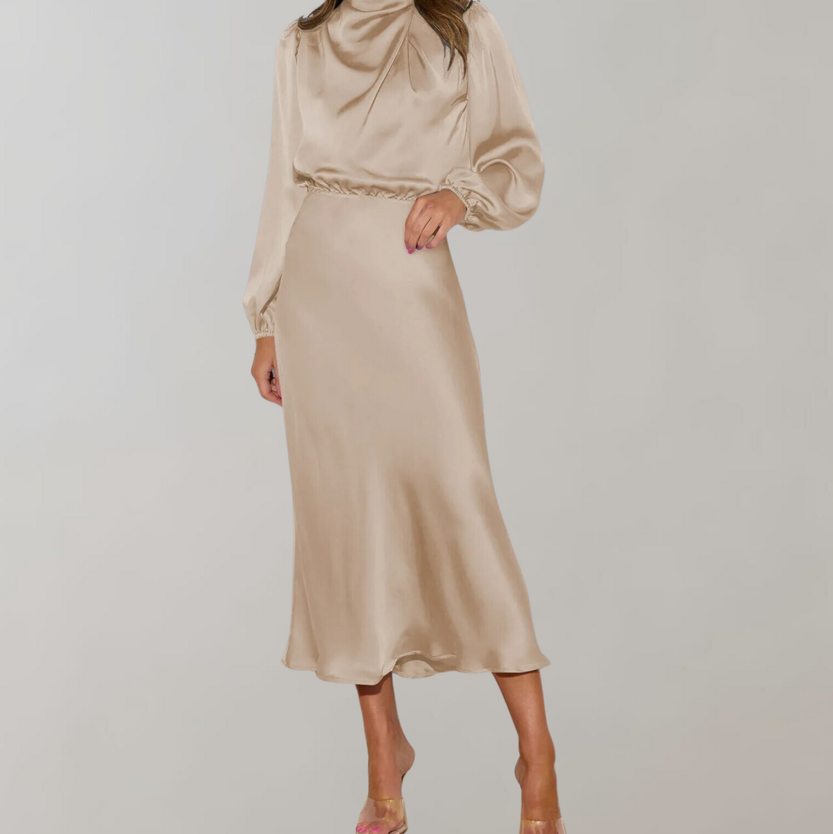 Women’s Satin High Neck Midi Dress Long Sleeve