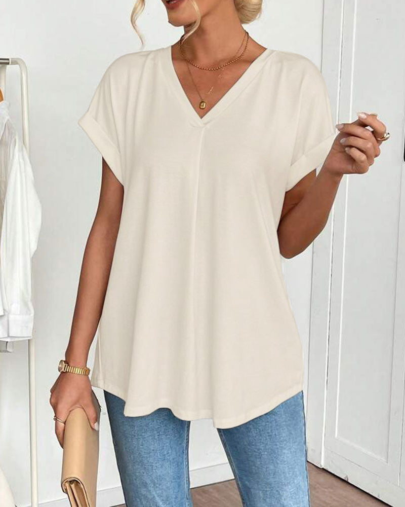 Leila | Cotton-Blend V-Neck Patchwork T-Shirt