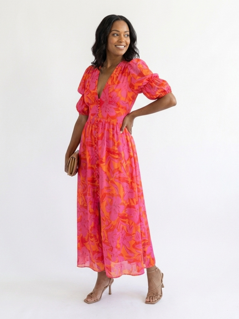 Floral V-Neck Puff-Sleeve Midi Dress