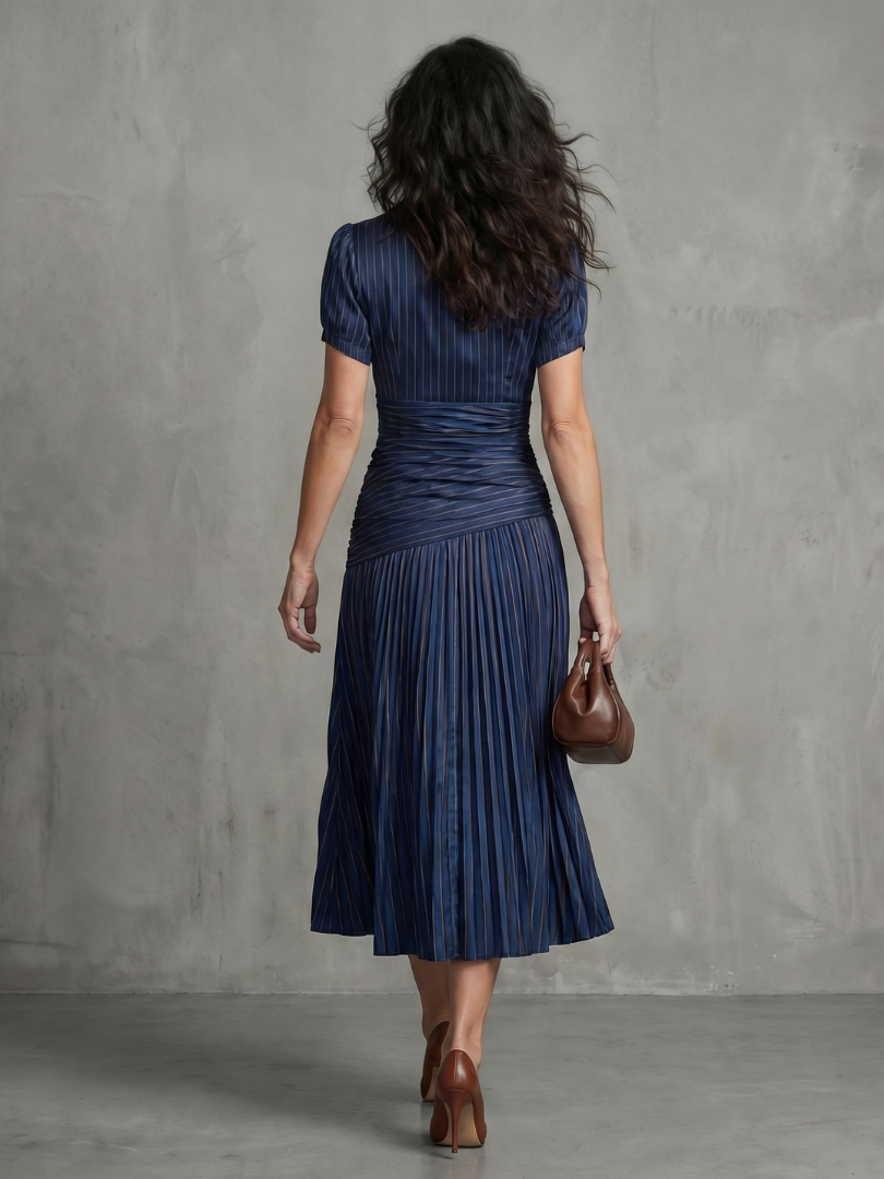 Pleated-Waist Vertical Stripe Midi Dress