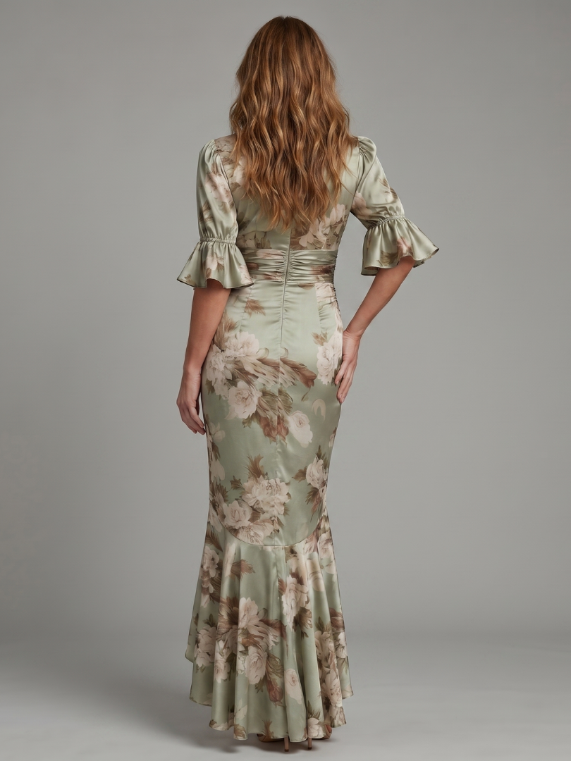 Short-Sleeve V-Neck Ruched-Waist Midi Dress