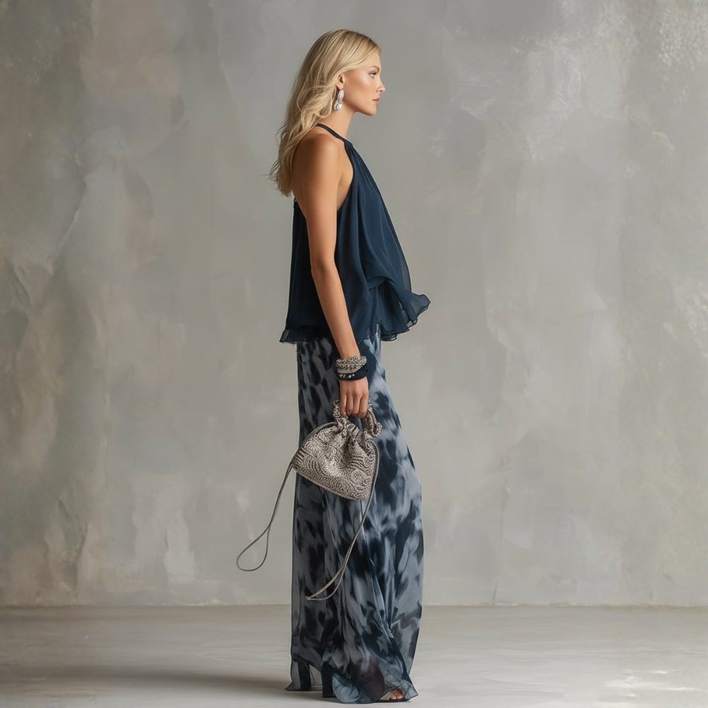 ISABELLA | ELEGANT IN CHIFFON WITH HIGH NECK TOP AND WIDE PRINTED PANTS