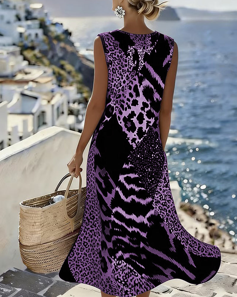 Marisol | Sleeveless Midi Dress - Leopard Patchwork