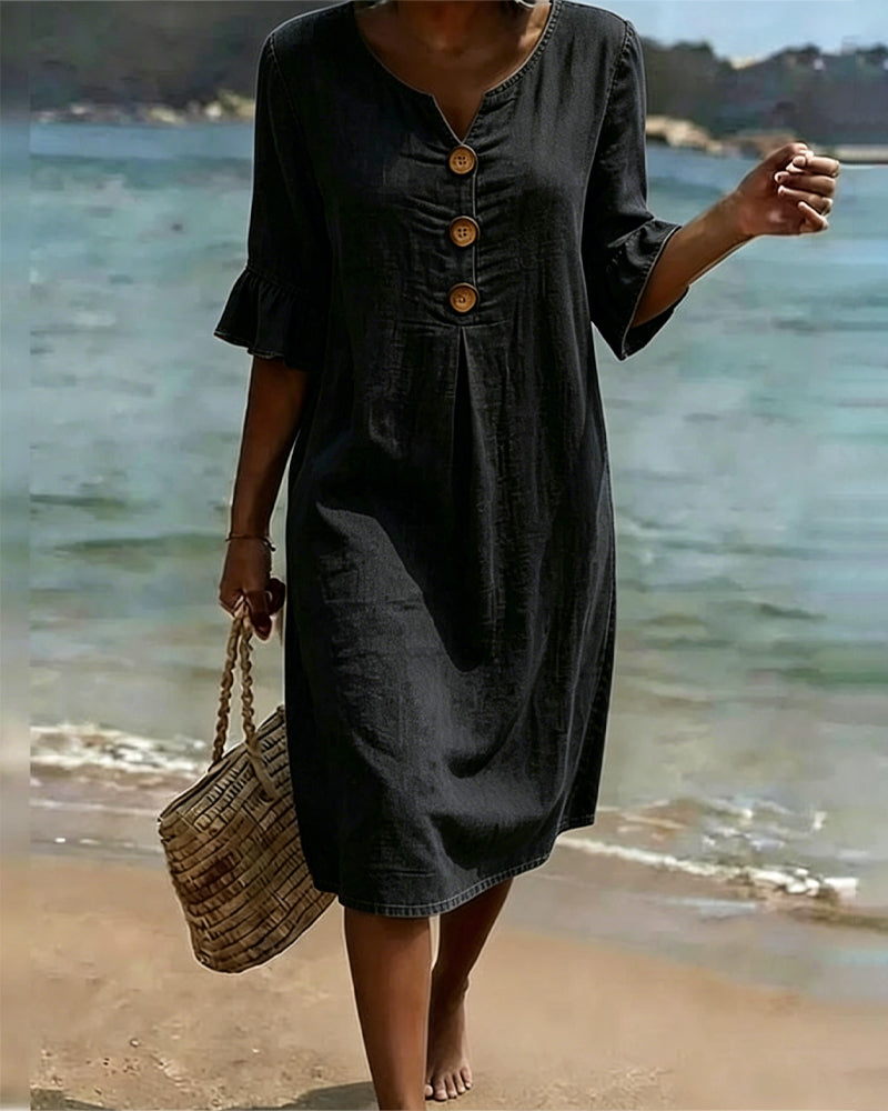 Lotus Leaf Dress with Denim Sleeves