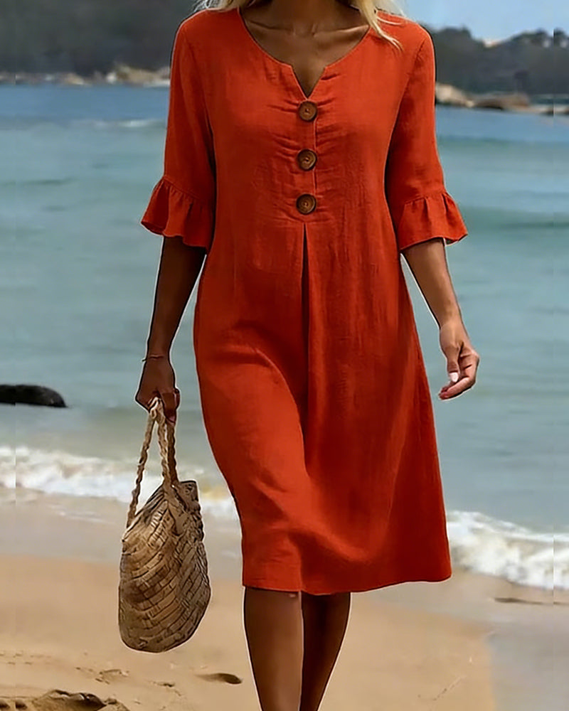 Button Dress with Ruffled Sleeves 100% Cotton