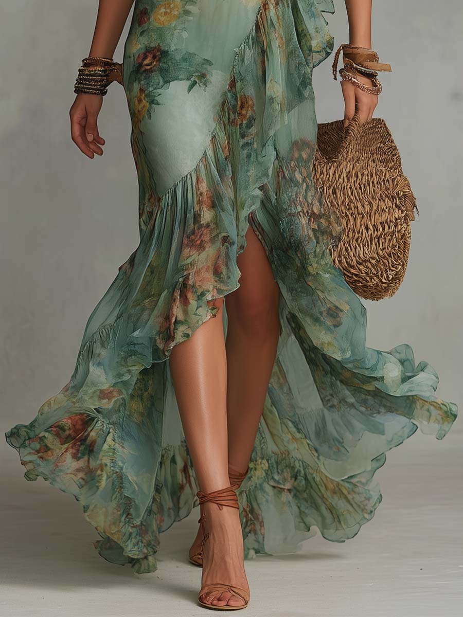 Aurora - long floral boho dress with romantic asymmetrical hem