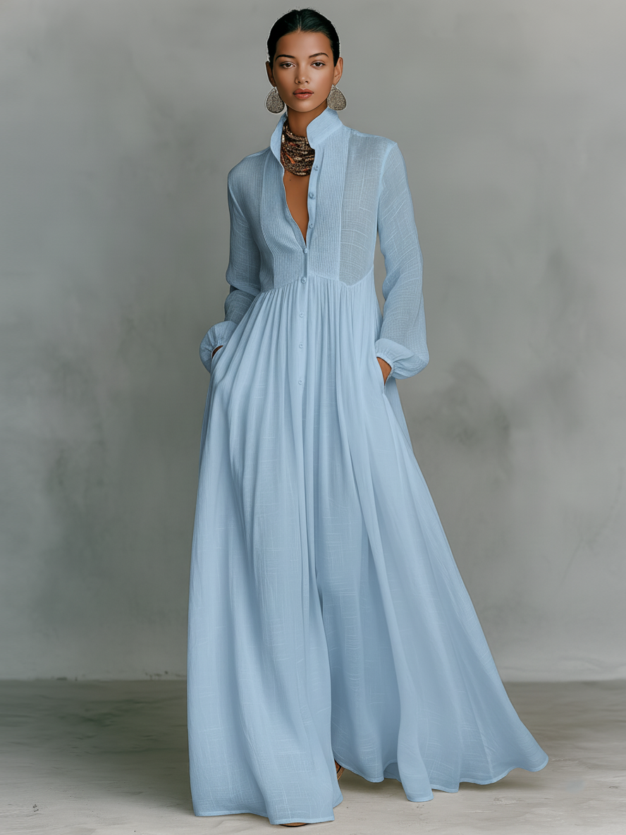 Maxi Minimalist Dress in Cotton and Linen with Patchwork, High Collar and Long Sleeves