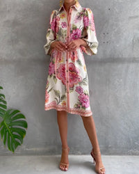 Lantern Sleeve Dress with Notched Collar Print
