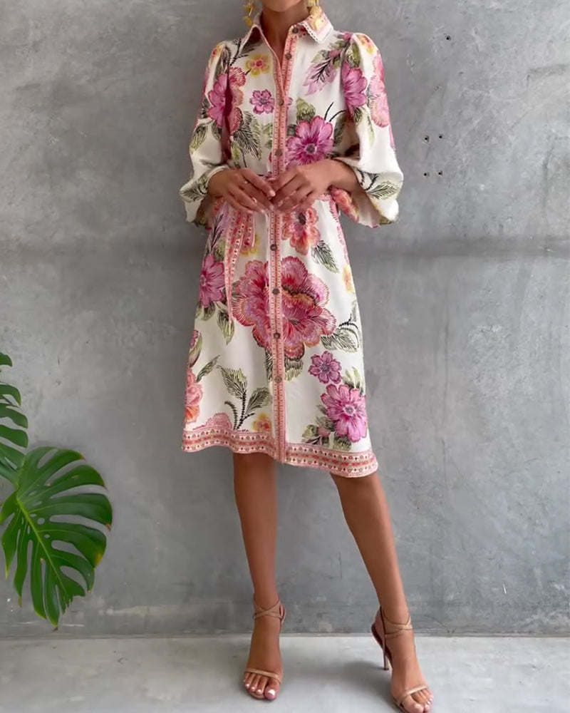 Lantern Sleeve Dress with Notched Collar Print