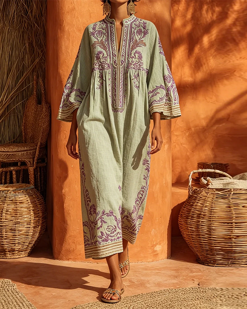 Ethnic Print V-Neck Dress Loose Fit