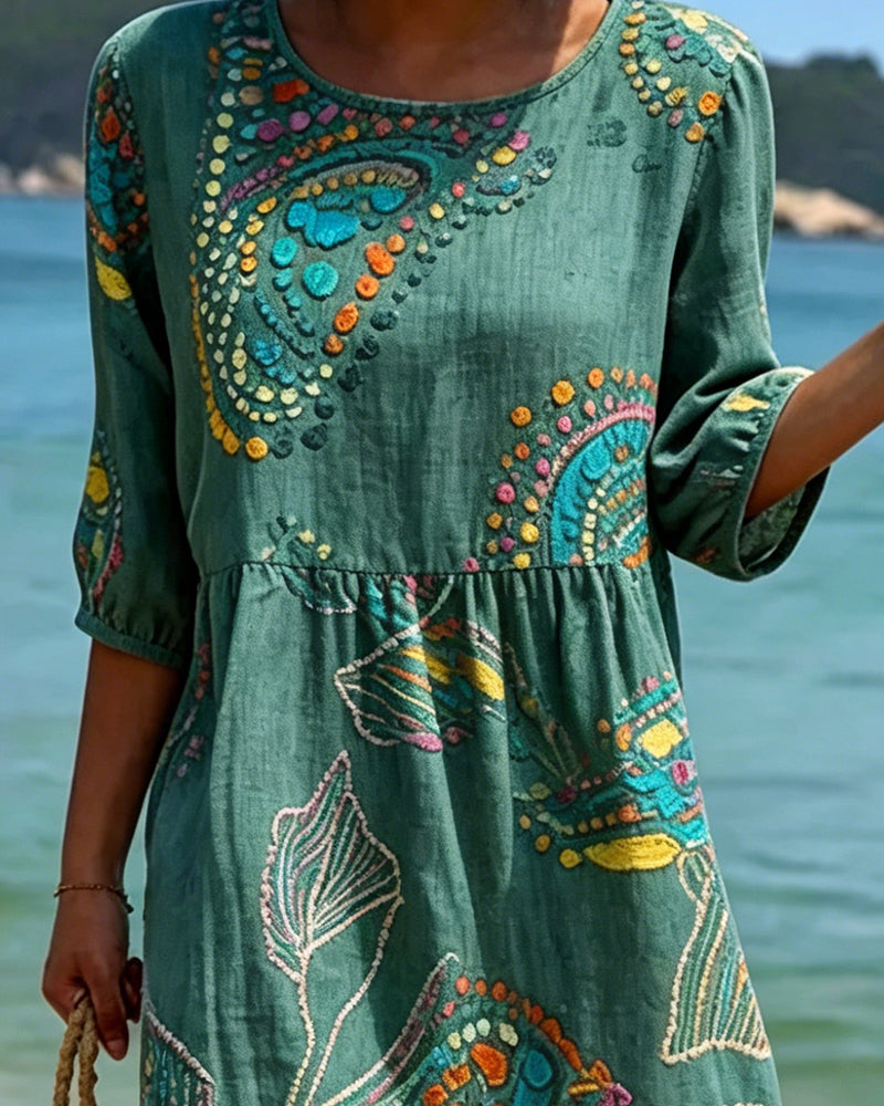 Printed Round Neck Gathered Casual Dress