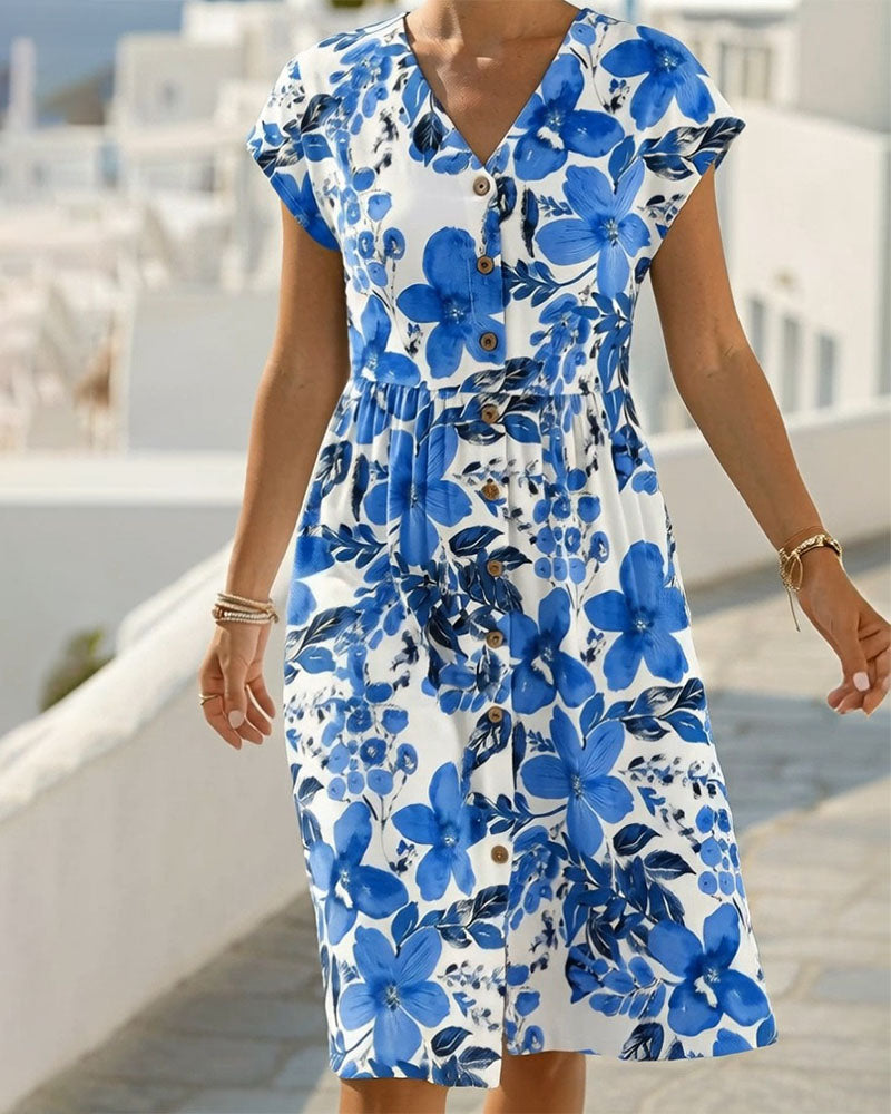 Floral Print V-Neck Short Sleeve Dress