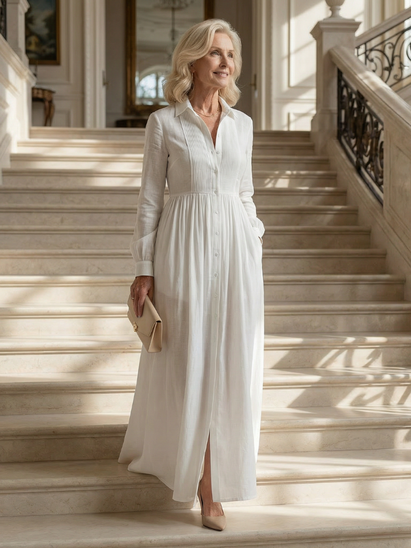 Long Sleeve Button-Front Maxi Dress