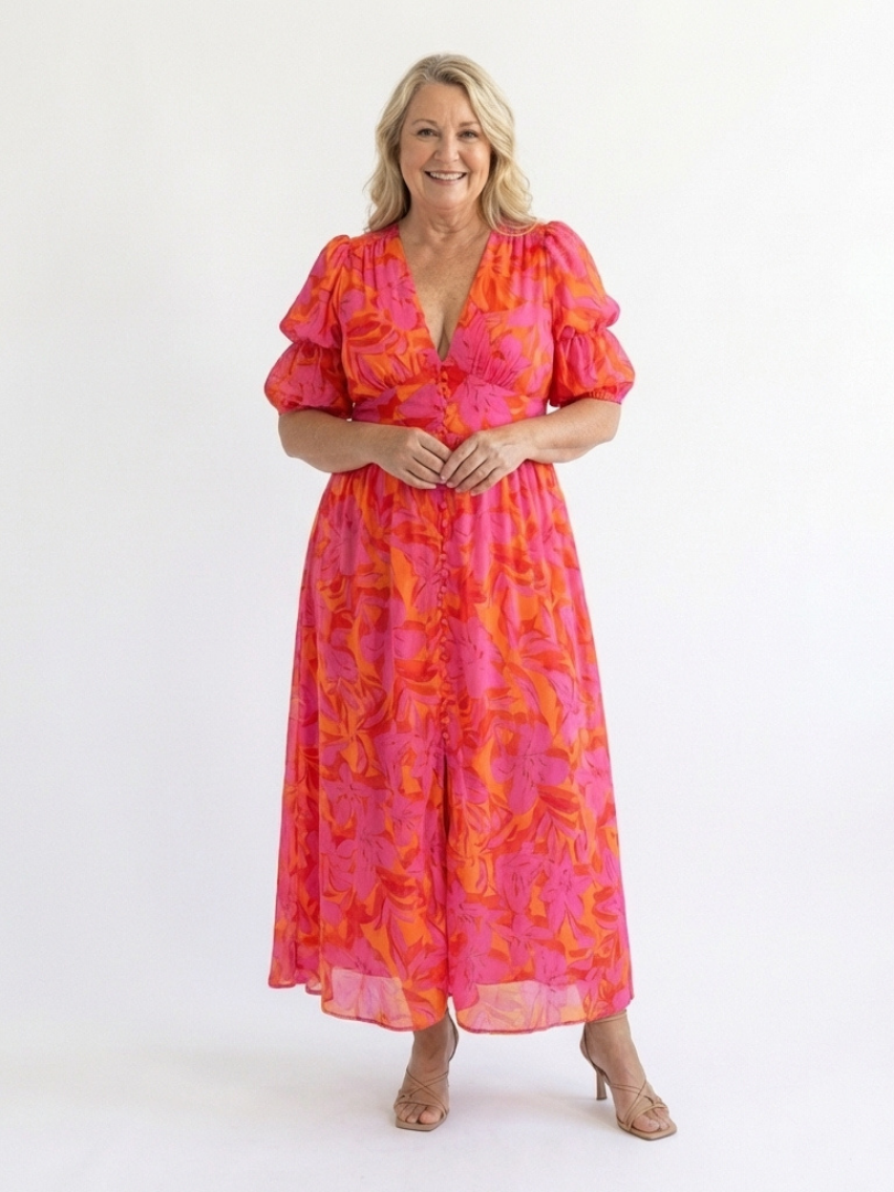 Floral V-Neck Puff-Sleeve Midi Dress