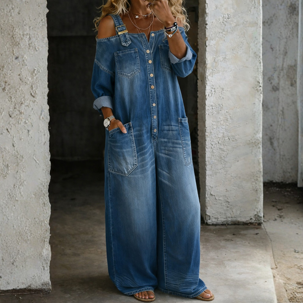 COSTANZA | DENIM JUMPSUIT WITH EXPOSED SHOULDERS