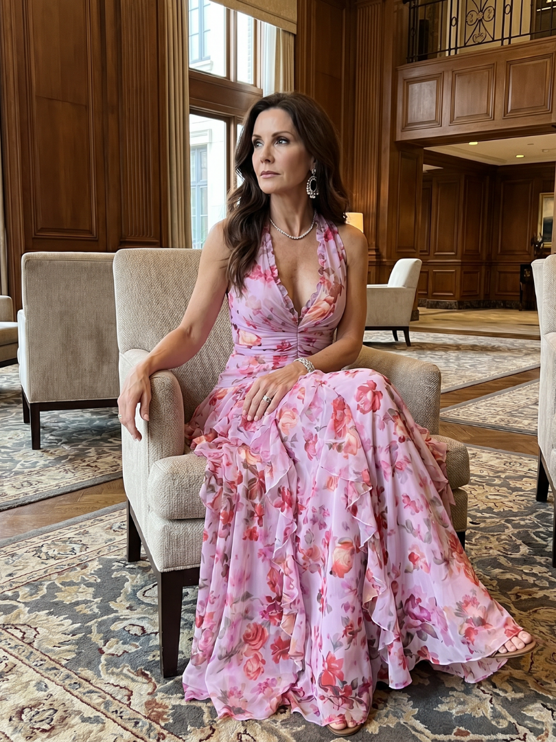 Floral Halter Ruched Bodice Maxi Dress