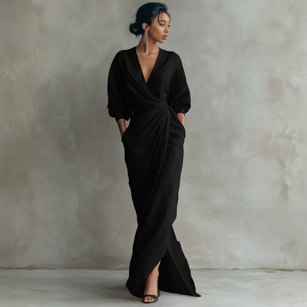SIMONA | MAXI DRESS IN LINEN WITH V-NECK