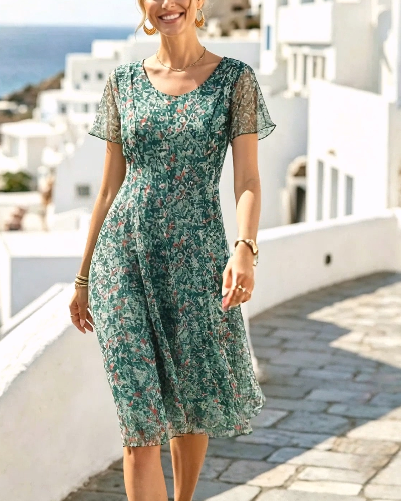 Short Sleeve Floral A-Line Dress