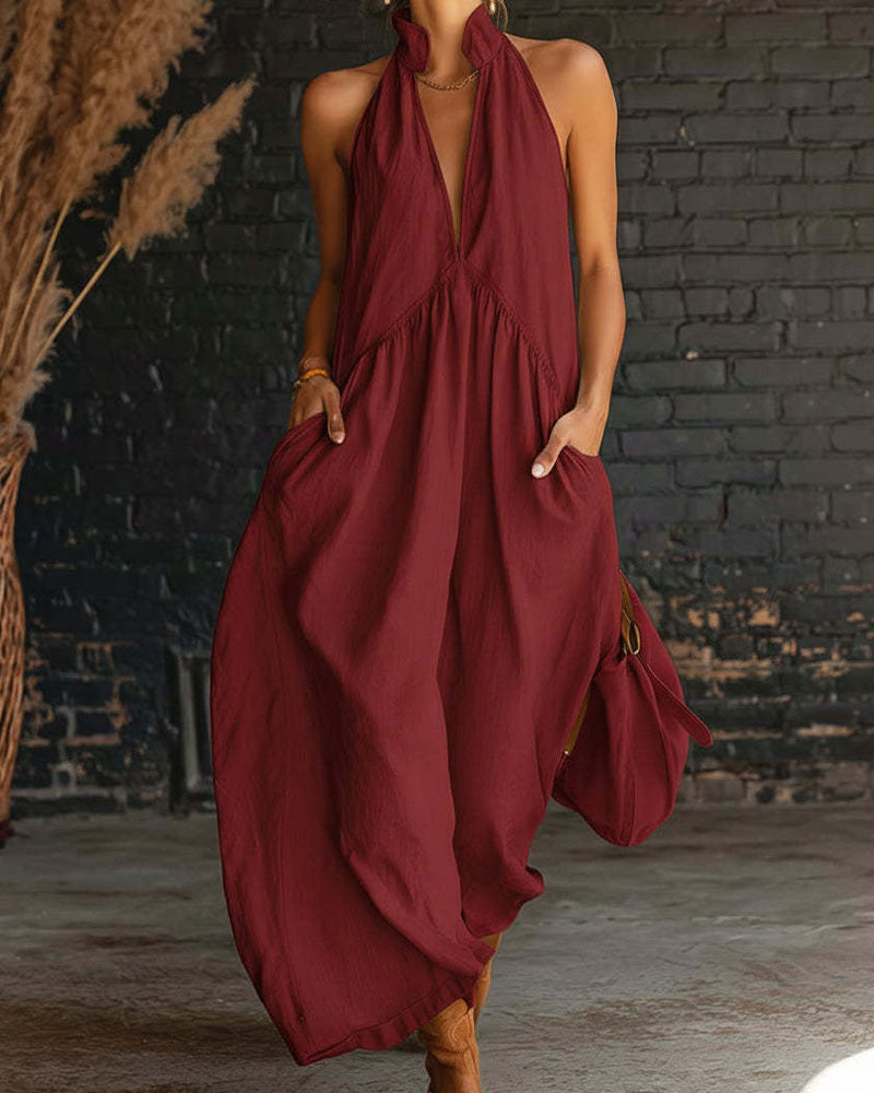 Sleeveless High Neck Solid Maxi Dress