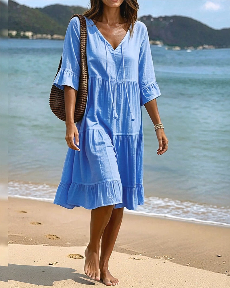 Flared Dress with Half Sleeves and Waist Tie