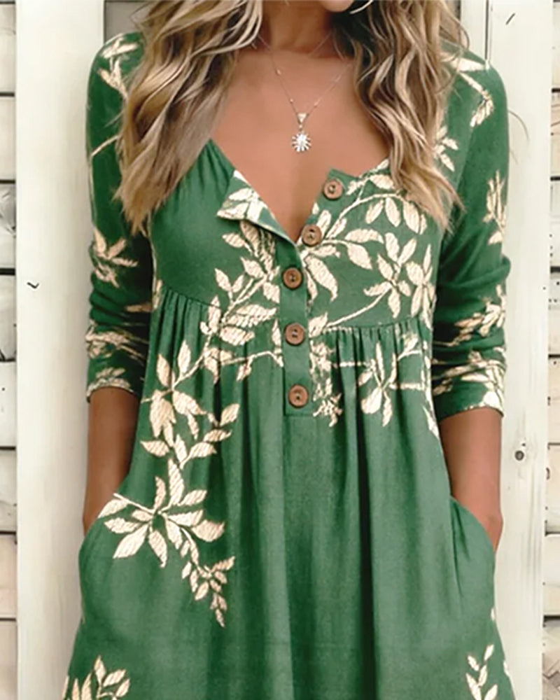 Botanical Print Buttoned Ruffled Dress