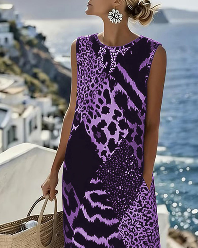 Marisol | Sleeveless Midi Dress - Leopard Patchwork