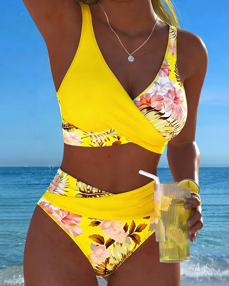 Bikini Contrast Floral Pattern Split