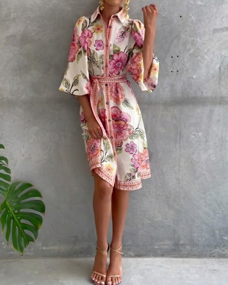 Lantern Sleeve Dress with Notched Collar Print