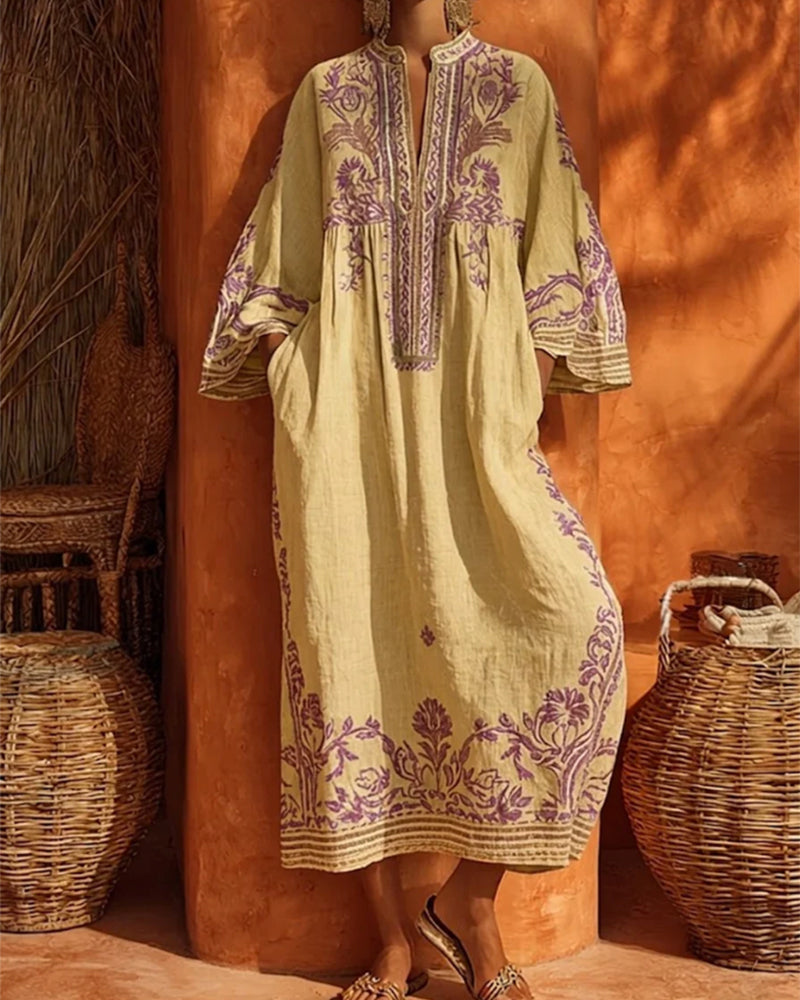 Ethnic Print V-Neck Dress Loose Fit