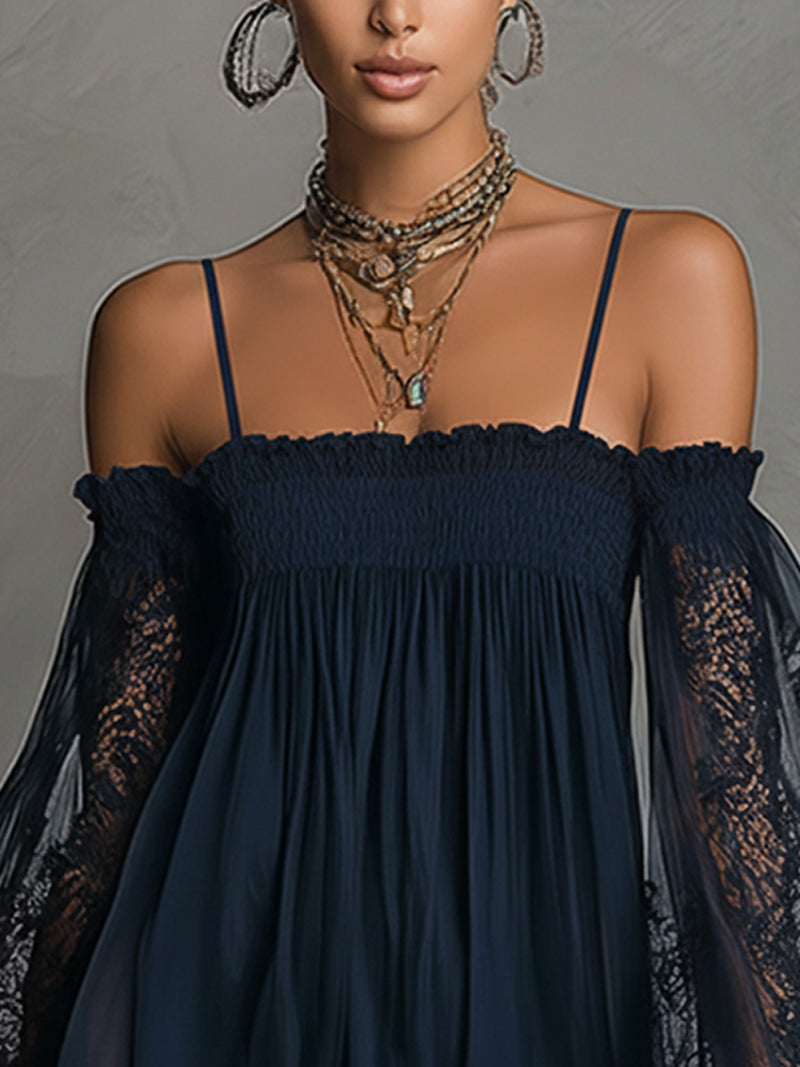 Noemi - Navy blue chiffon mini dress with off-the-shoulder neckline, lace trim, and sheer sleeves