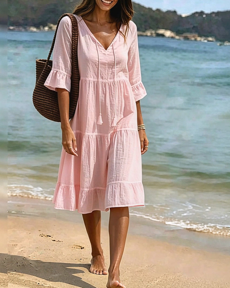 Flared Dress with Half Sleeves and Waist Tie