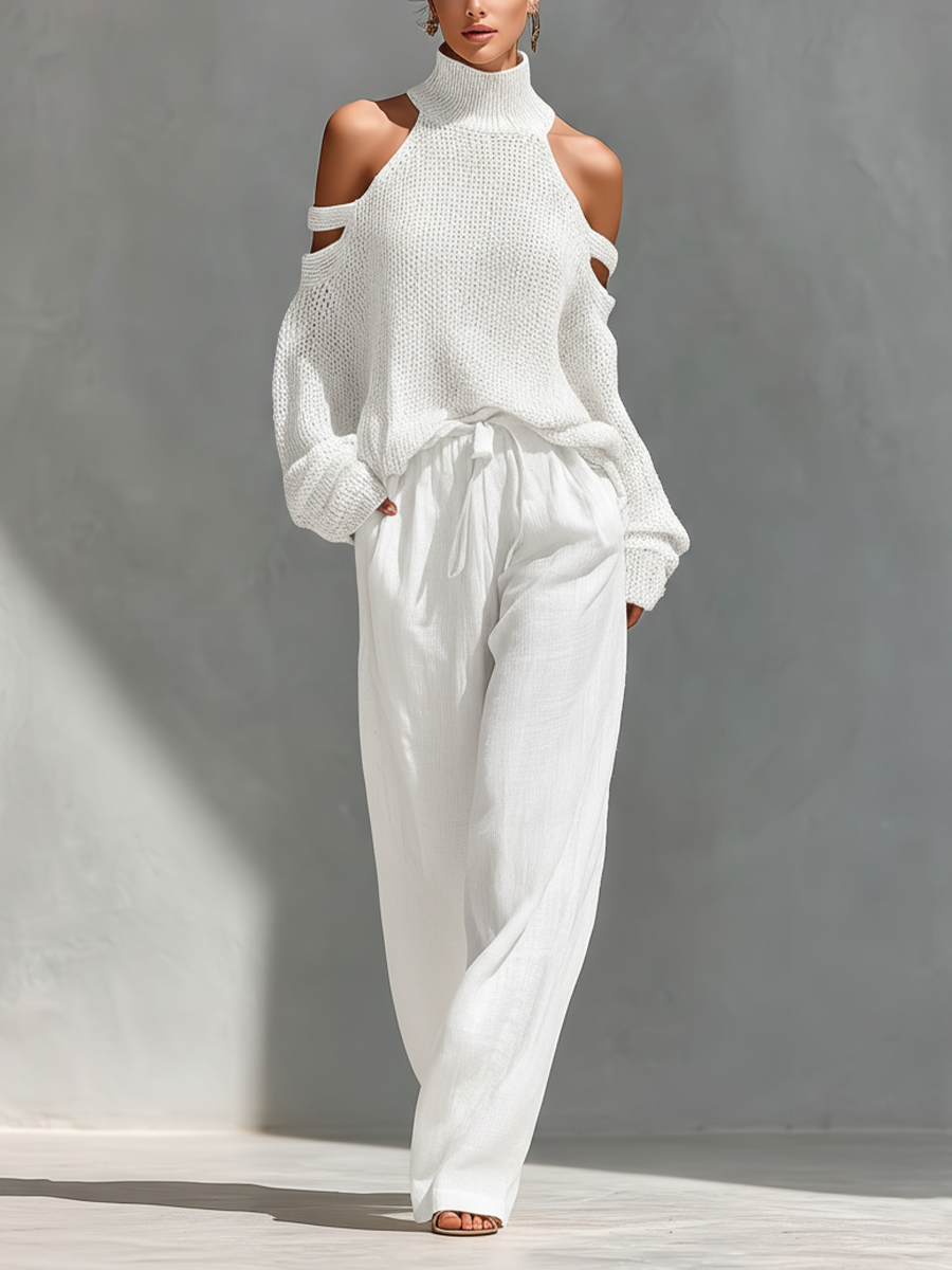 Imani | Knit Cold-Shoulder Turtleneck & Wide-Leg Pants Set