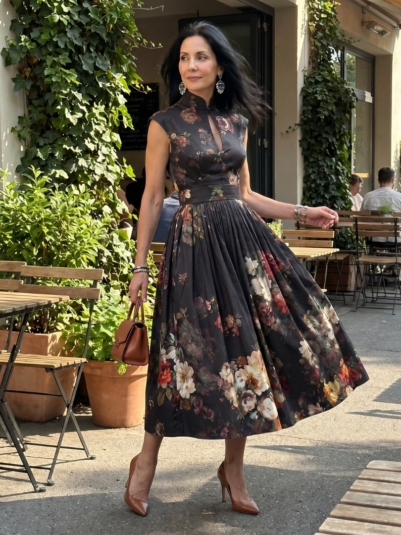 High-Neck Keyhole Floral Pleated Midi Dress