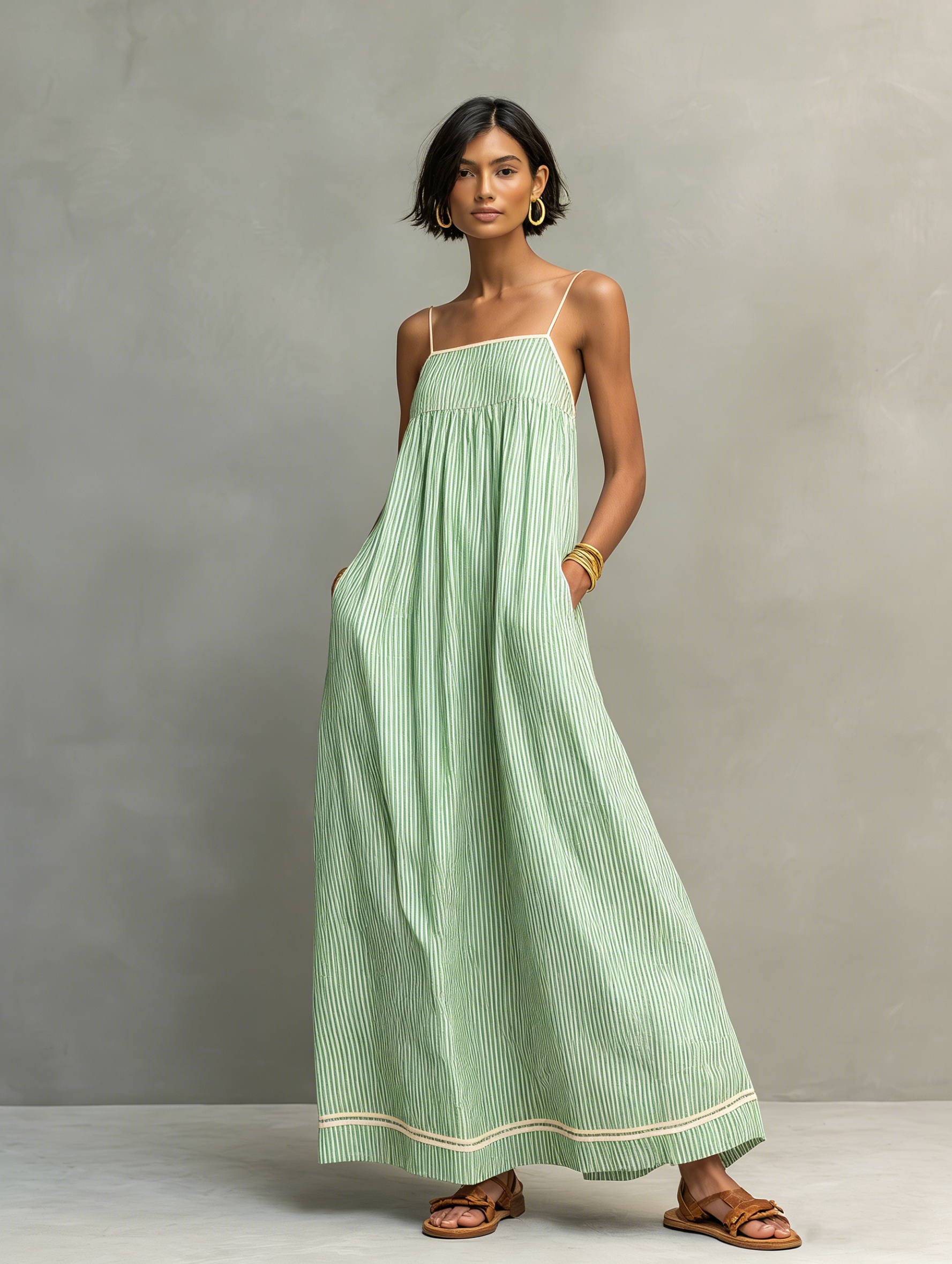 Monica | Striped Maxi Dress with Red Trim